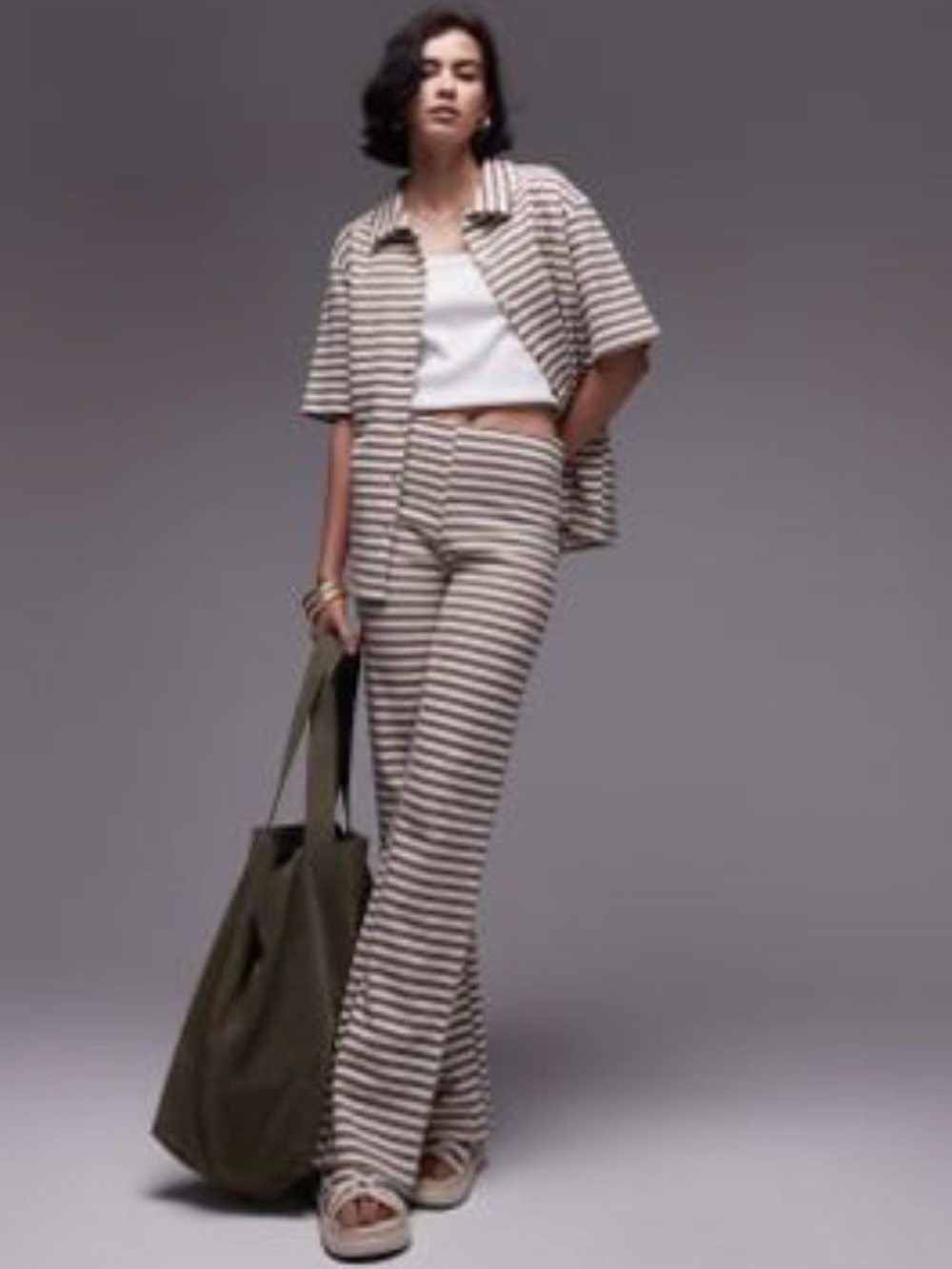 Striped High-Rise Wide-Leg Pants with button up top - Cream & Brown